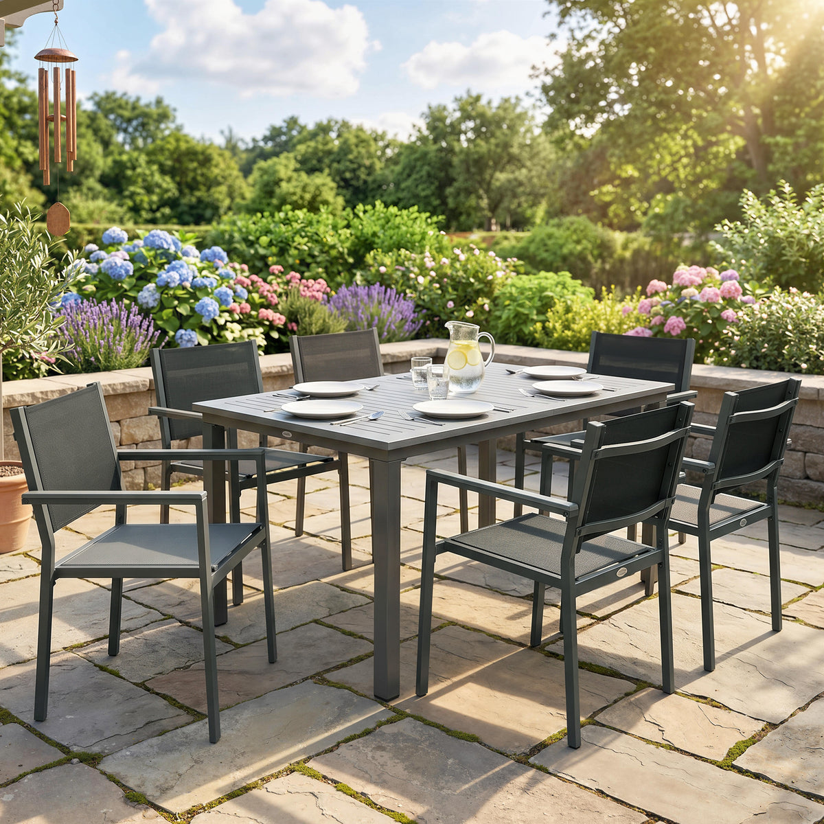Outsunny Garden Dining Set with Acacia Wood Table Top, Outdoor Table and Stackable Chairs Set for 6 with Texteline Seat, Grey