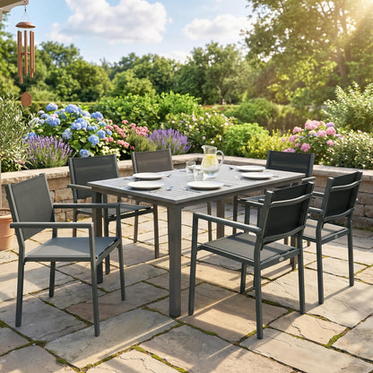 Outsunny Garden Dining Set with Acacia Wood Table Top, Outdoor Table and Stackable Chairs Set for 6 with Texteline Seat, Grey