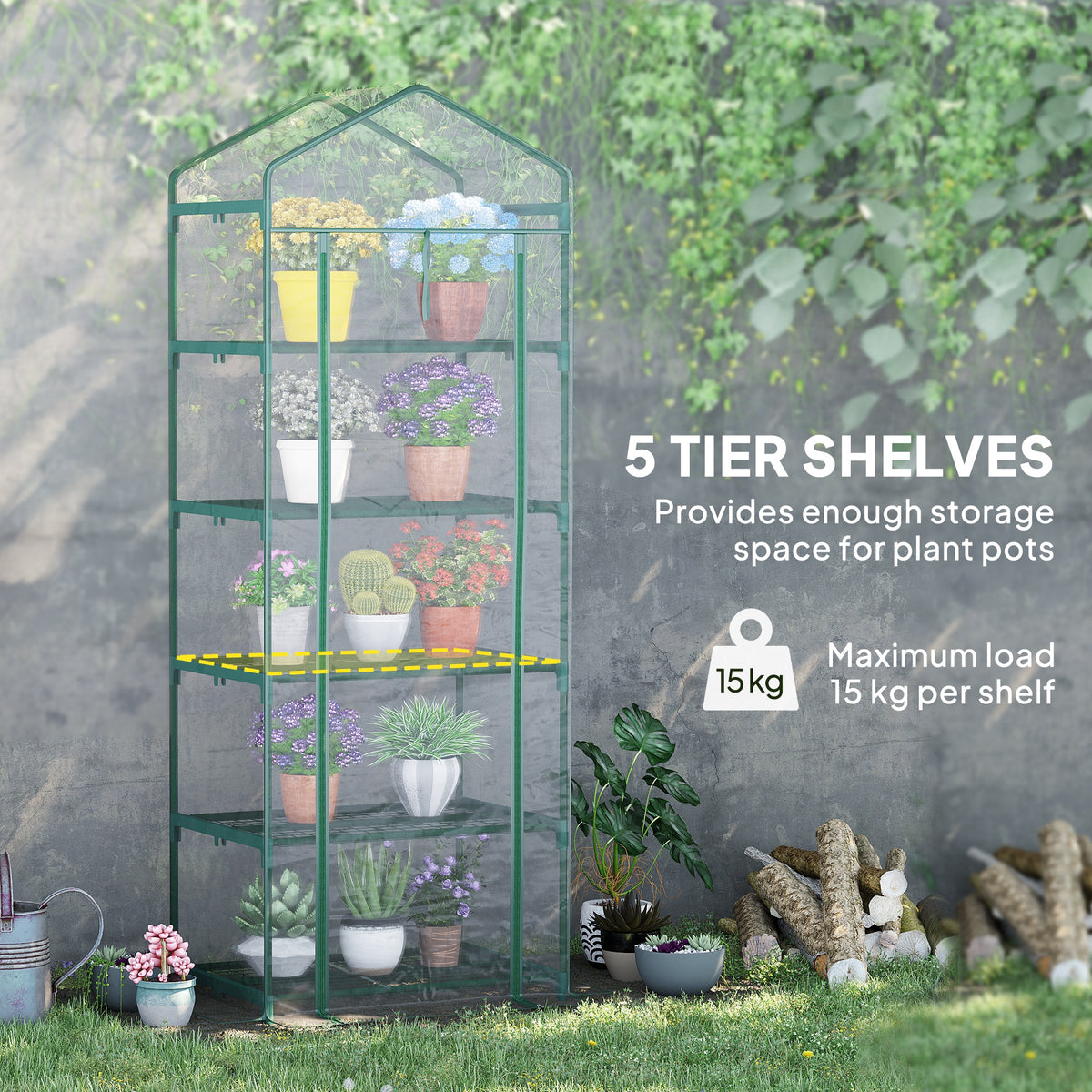 Outsunny 5 Tier Mini Greenhouse, Small Walk-in Greenhouse with Reinforced Plastic Cover, Garden Grow House with Roll Up Door and Shelves, 69 x 49 x 193cm, Green