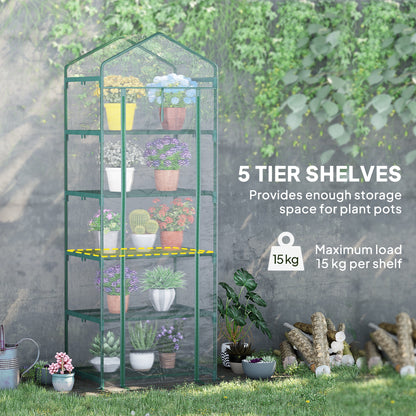 Outsunny 5 Tier Mini Greenhouse, Small Walk-in Greenhouse with Reinforced Plastic Cover, Garden Grow House with Roll Up Door and Shelves, 69 x 49 x 193cm, Green