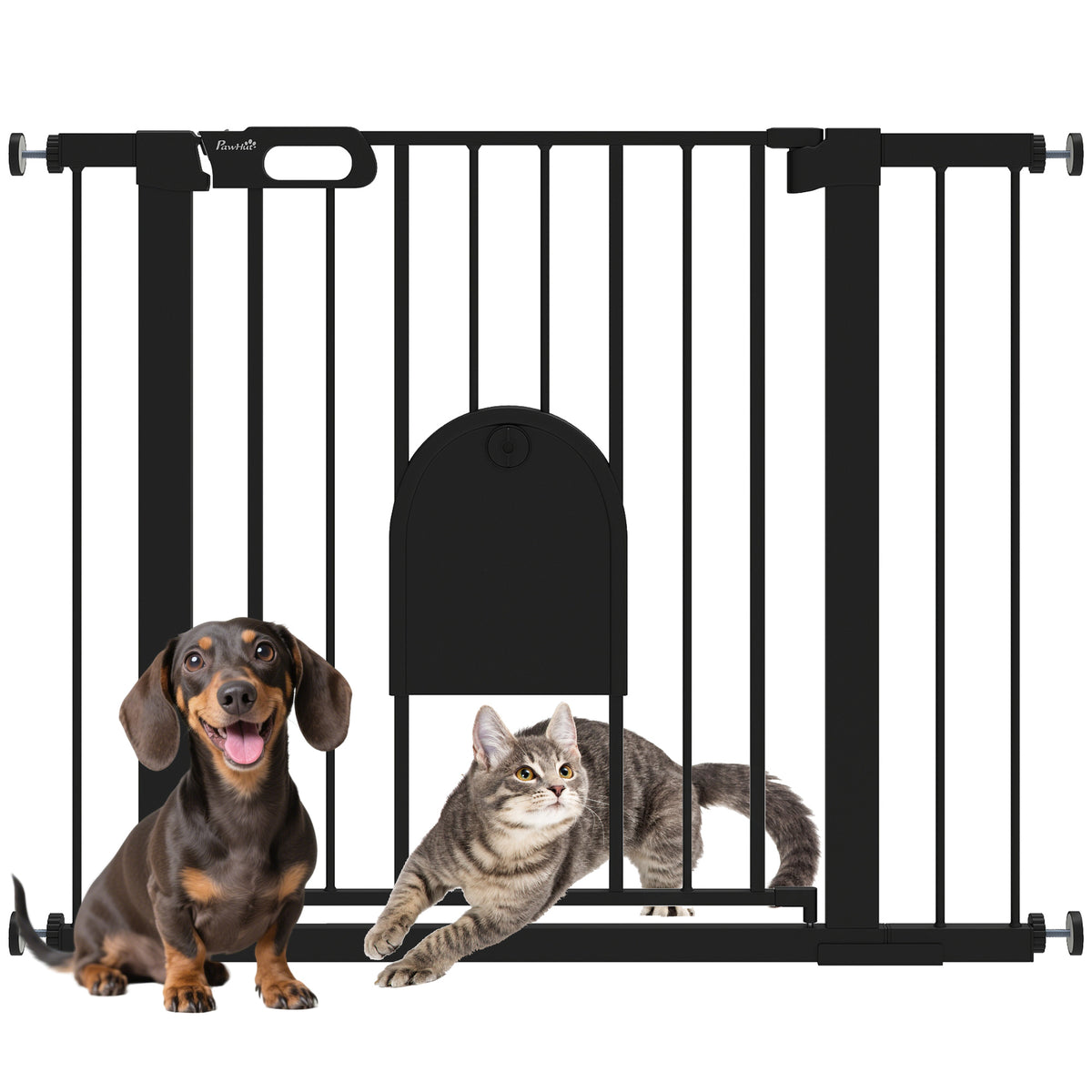 PawHut Dog Gate with Cat Flap Pet Safety Gate Barrier, Stair Pressure Fit, Auto Close, Double Locking, for Doorways, Hallways, 75-103 cm Black