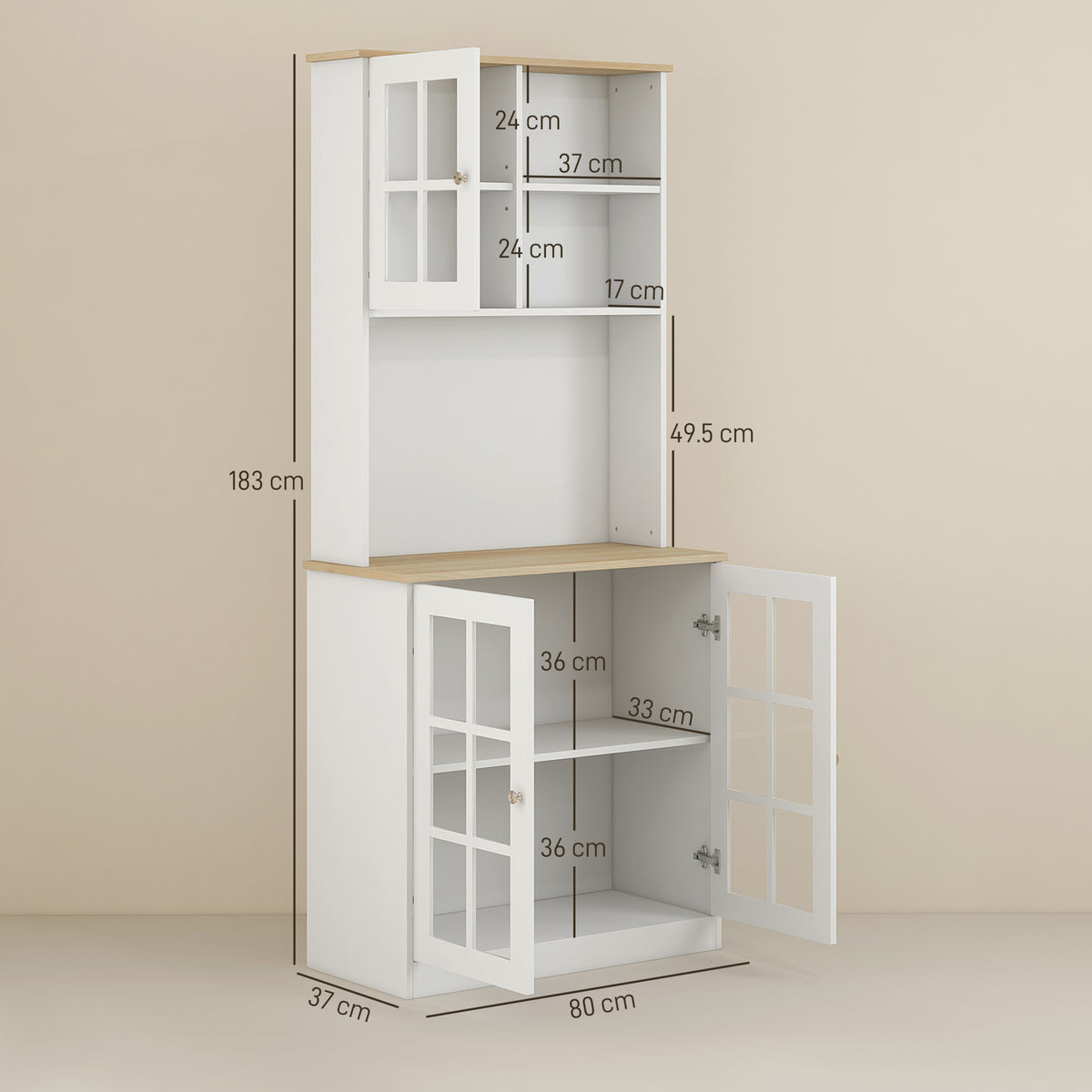 HOMCOM Kitchen Pantry, Buffet Hutch with 3 Storage Cabinets, 2 Open Shelves and Large Countertop for Kitchen, Living Room and Entryway, White