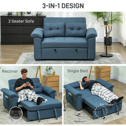 HOMCOM Pull Out Sofa Bed, Fabric 2 Seater Click Clack Sofa Bed Settee with 2 Pocket Springs, Convertible Sofa Couch with Pillows and Side Pockets for Living Room, Home Office, Blue