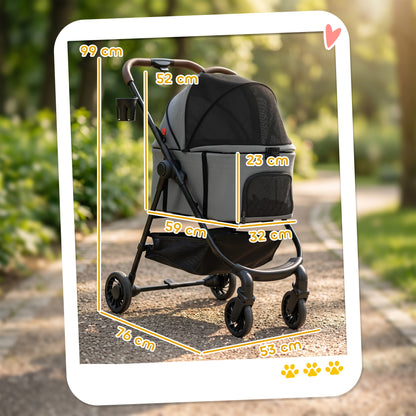 PawHut Dog Stroller, 3 in 1 Foldable Pet Stroller for Small Puppy Cat with Detachable Travel Carrier, Storage Basket, Grey