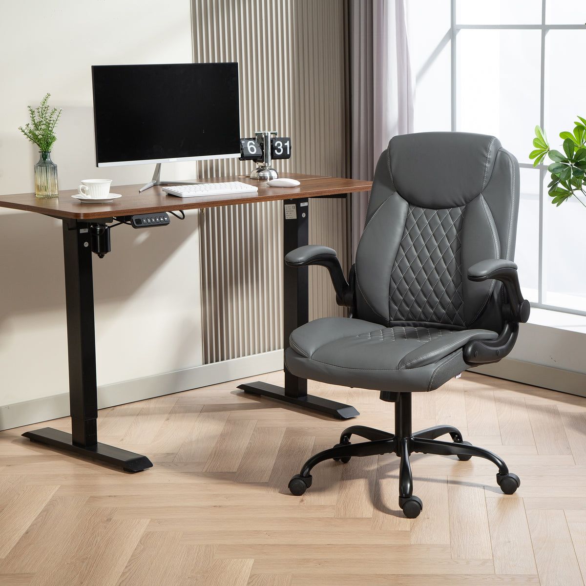 HOMCOM Faux Leather Office Chair. with Flip-Up Armrests - Charcoal Grey