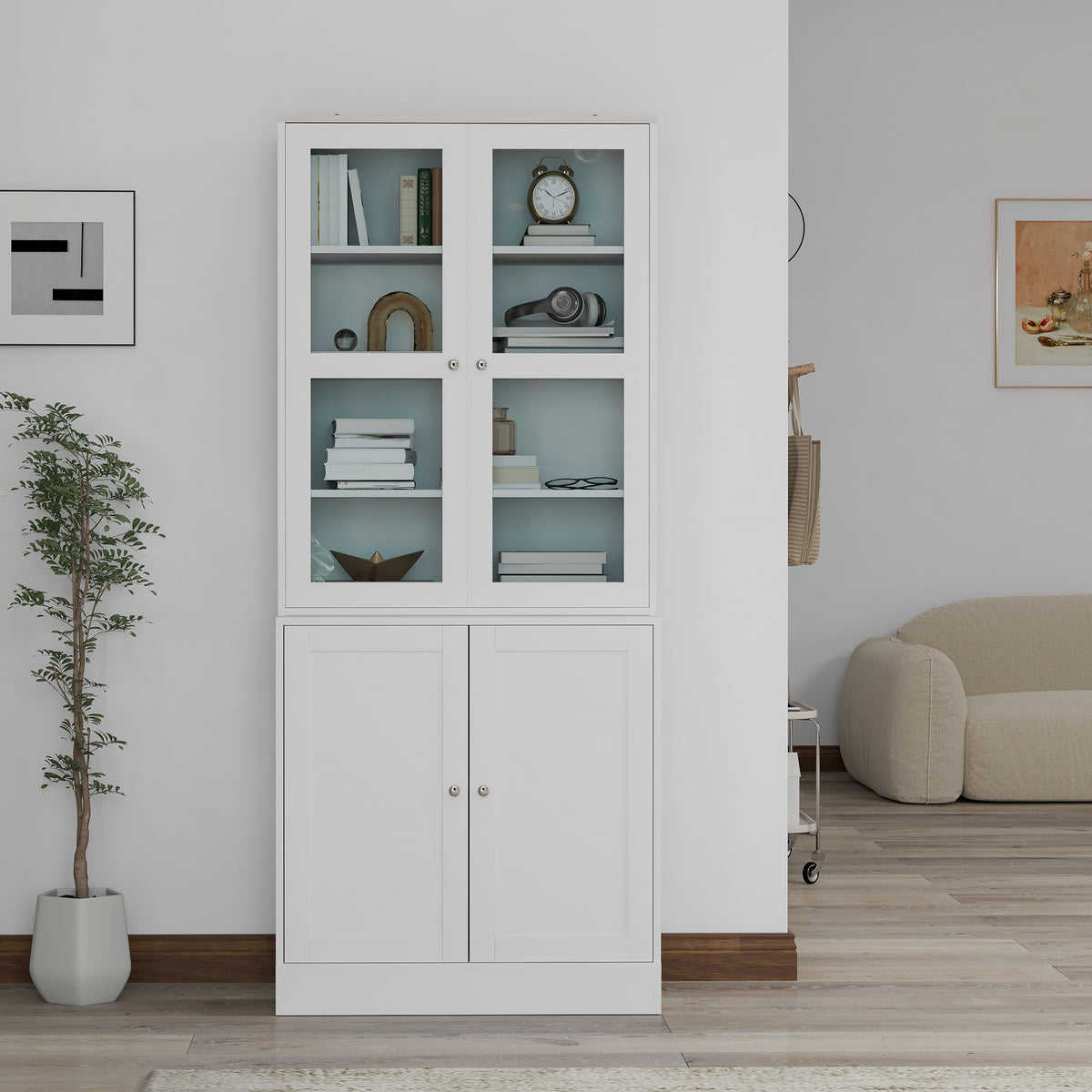 HOMCOM Double Storage Display Cabinet with Adjustable Shelves, MDF - White