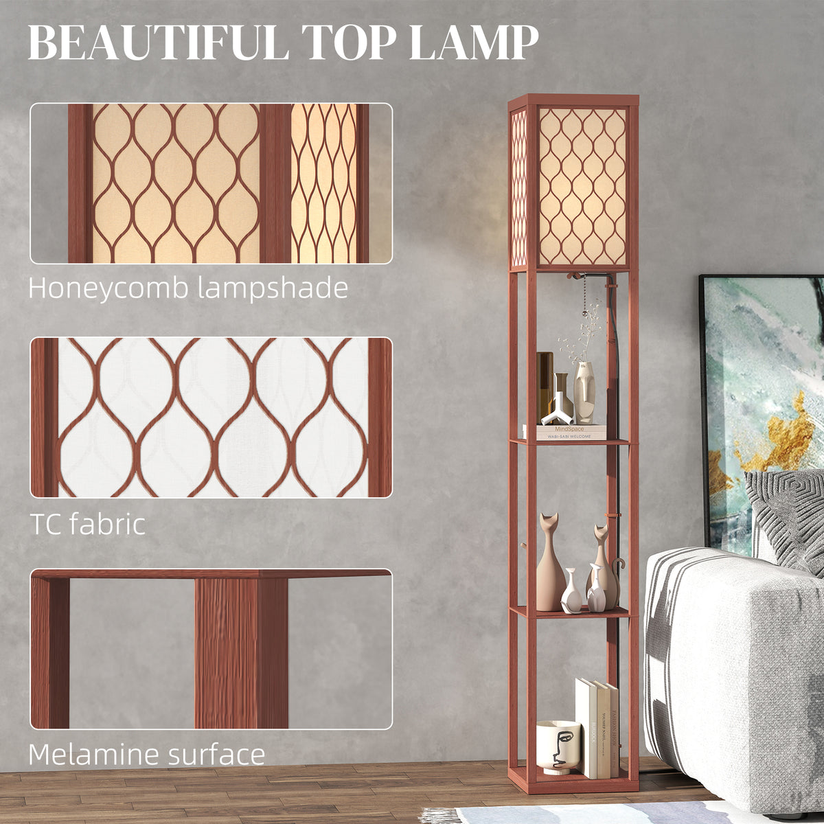 HOMCOM Three-Shelf Standing Lamp - Brown/White