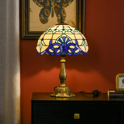 HOMCOM Tiffany Stained Glass Table Lamp, Handmade Antique Bedside Lamp for Bedroom, Living room, Home, Nightstand, Decorative Night Light, Blue
