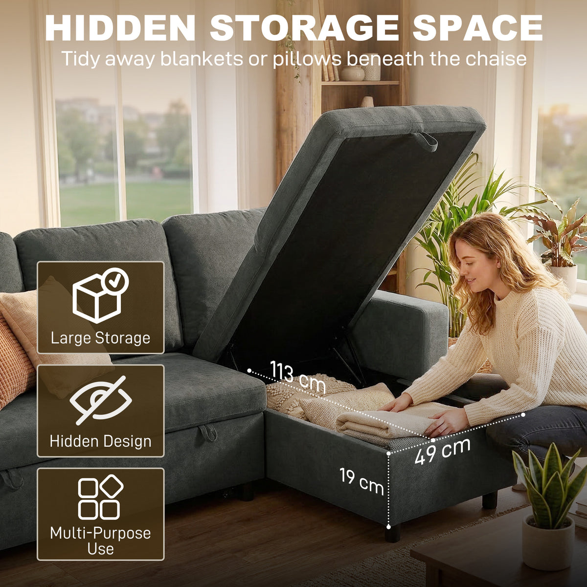 HOMCOM Pull Out Sofa Bed with 113 x 49cm storage space - Charcoal Grey