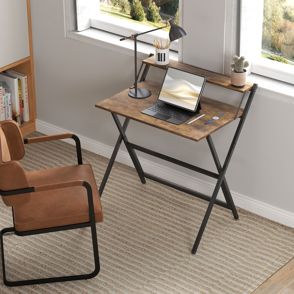 HOMCOM 81.5 cm Folding Computer Desk with Monitor Shelf - Rustic Brown