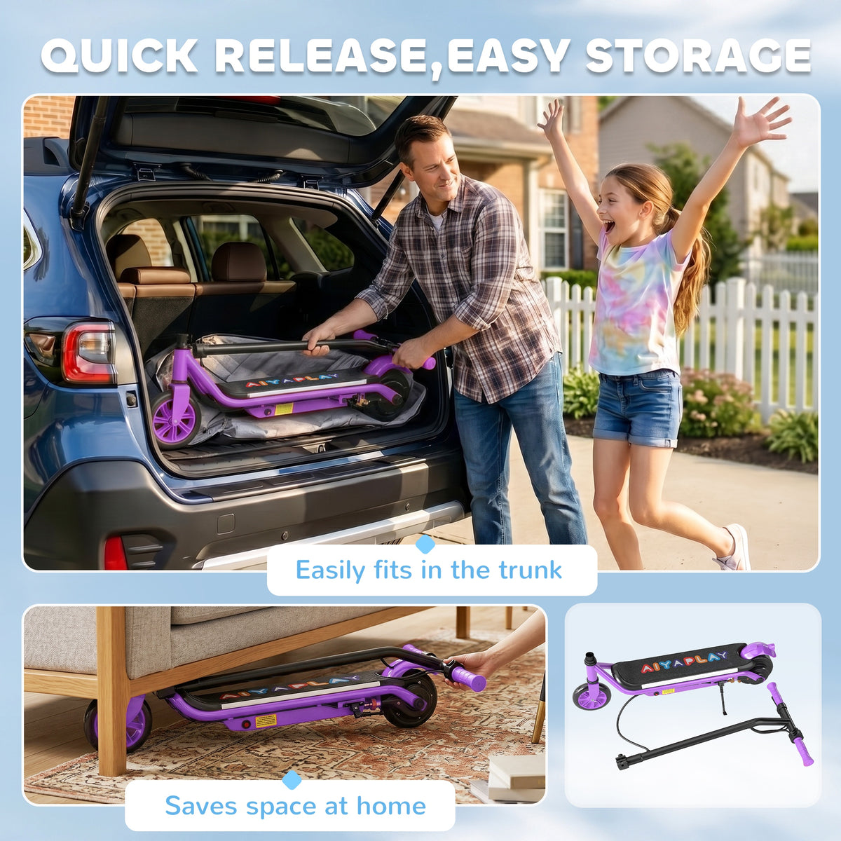 AIYAPLAY Electric Scooter for Kids Aged 6-14 Years, with Colourful Lights, Purple