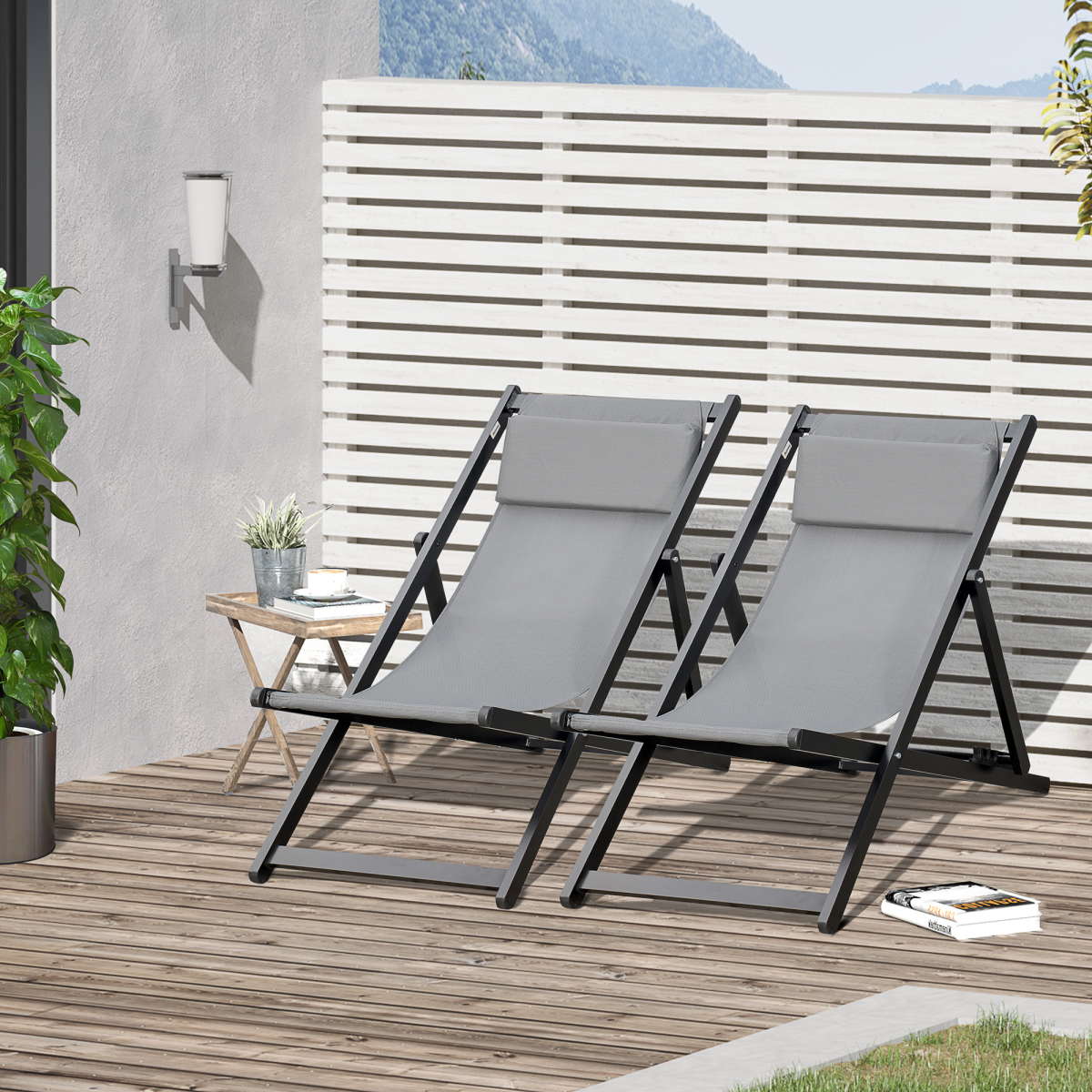 2Pcs Texteline Chaise Lounge Recliner Chair Adjust Lounger Patio Grey