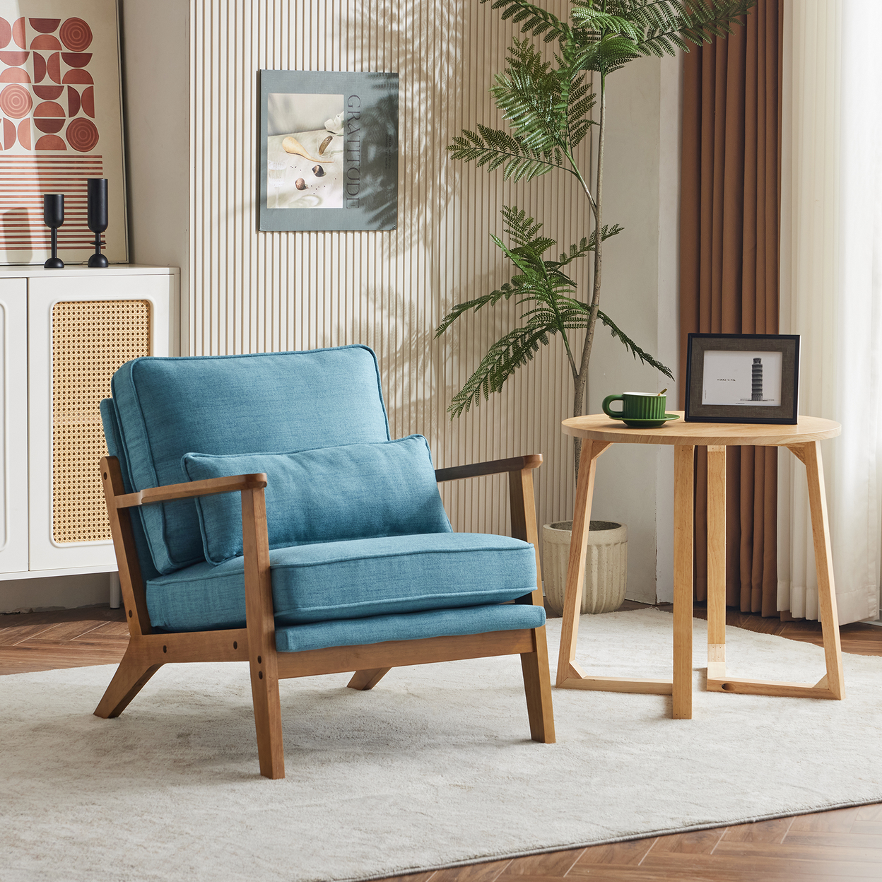Mid-Century Oak Accent Chair - Linen-Cotton Navy Blue Upholstered Single Lounge Chair, Indoor Armchair with Sturdy Wood Frame (330LBS Weight Capacity)