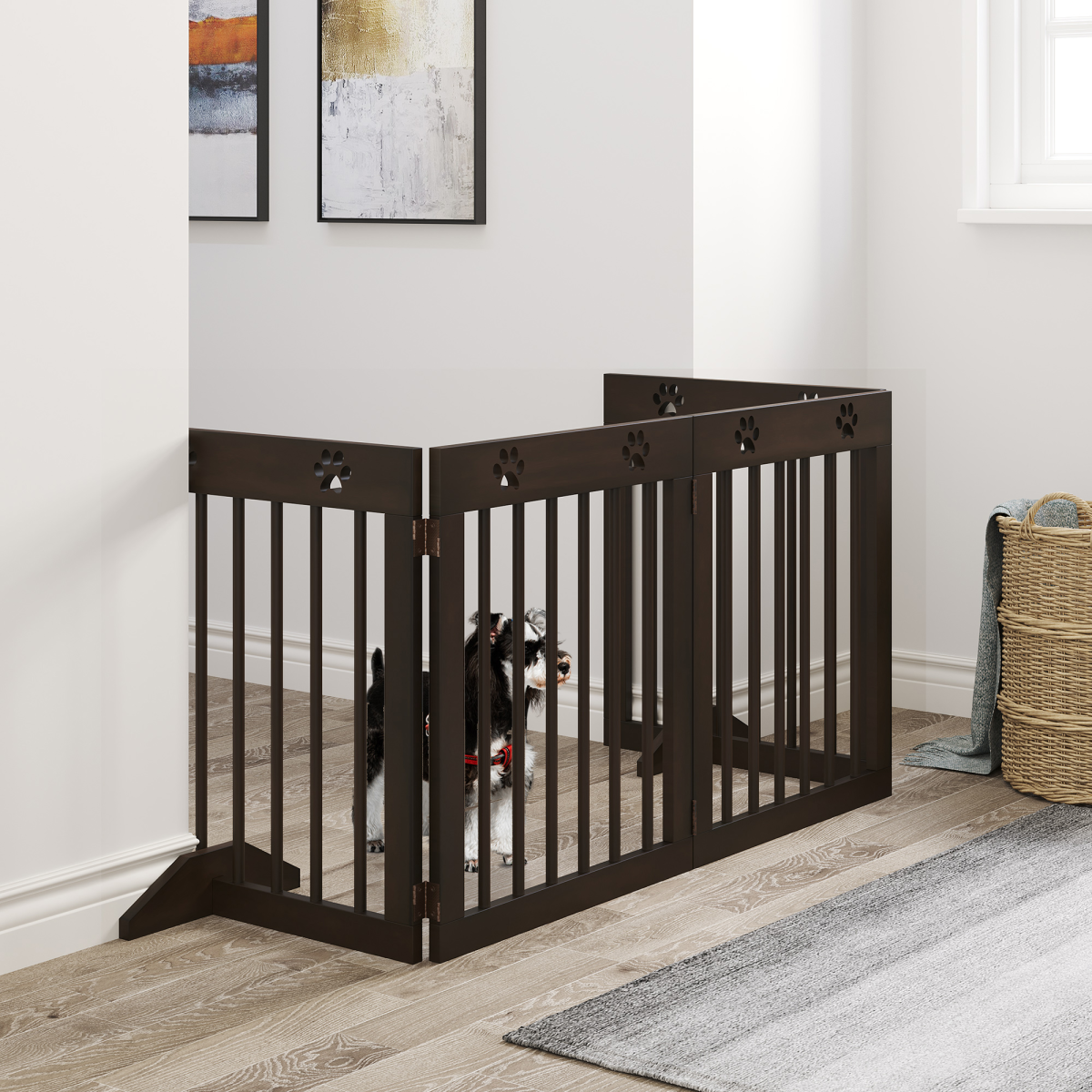 Freestanding Pet Gate 4 Panel Folding Wooden Dog Barrier  w/ Support Feet