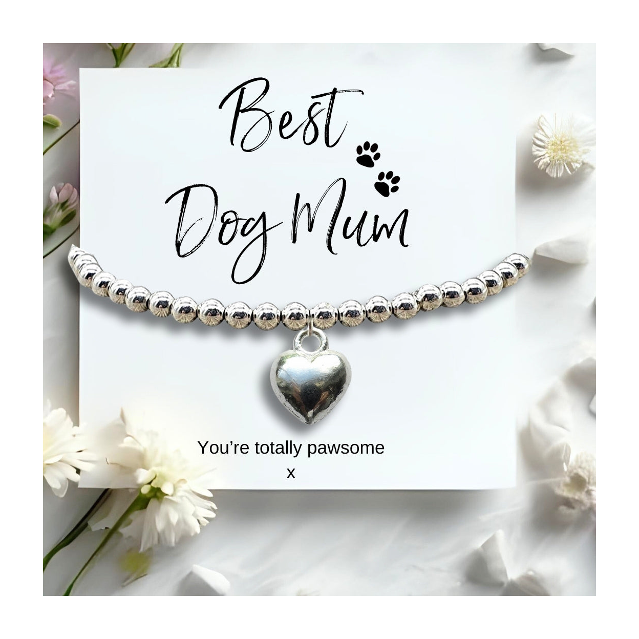 Best Dog Mum Mini Gift Hamper Silver Heart Bracelet