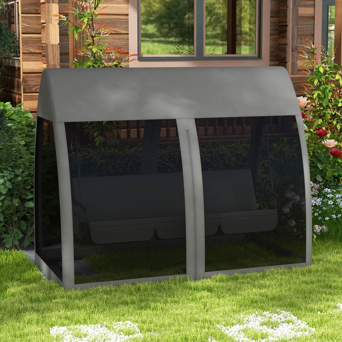 Outsunny Garden Swing Chair Patio Hammock 3 Seater Bench Canopy Lounger Grey