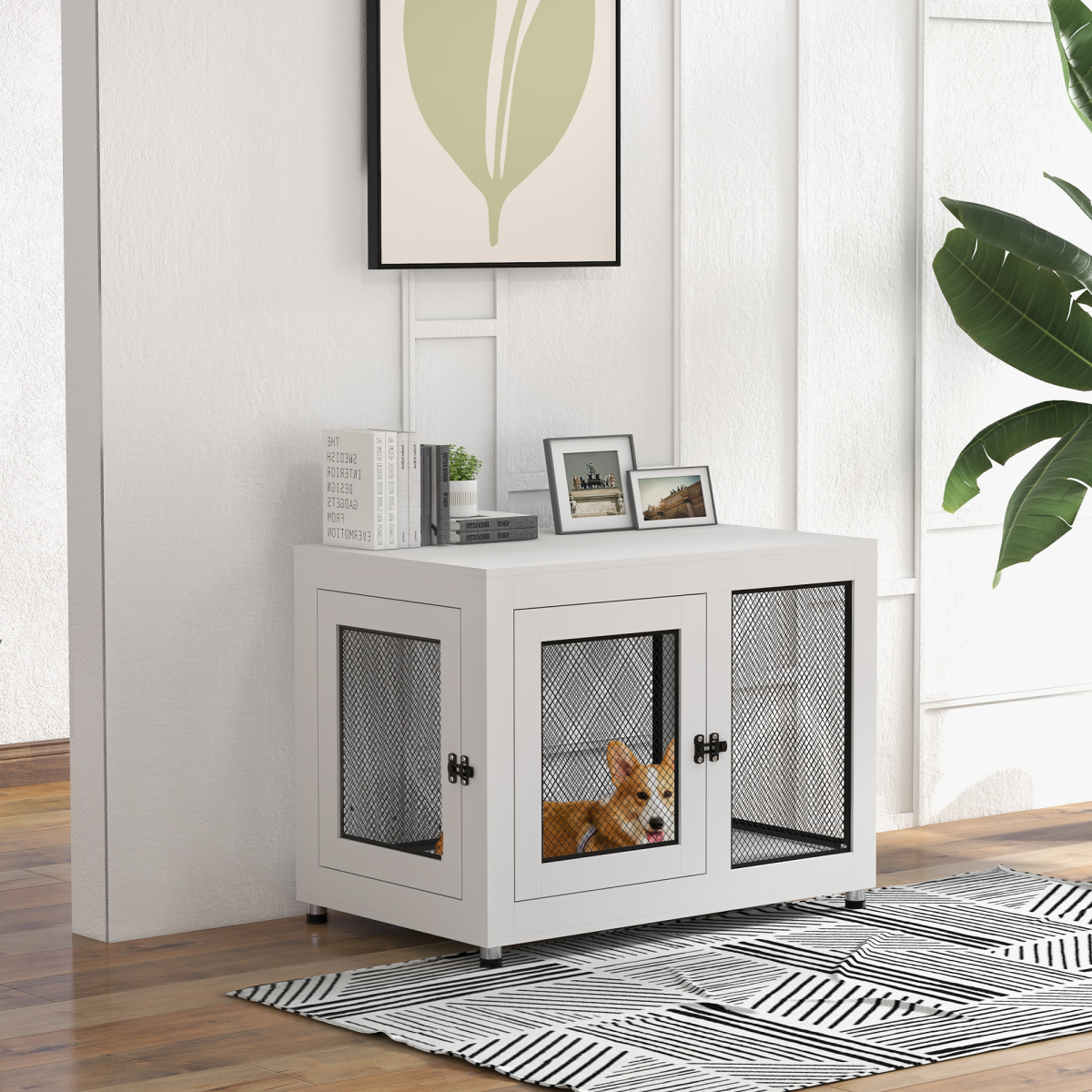 Dog Kennel Furniture End Table w/ Two Doors, Soft Cushion for Large, Medium Dogs