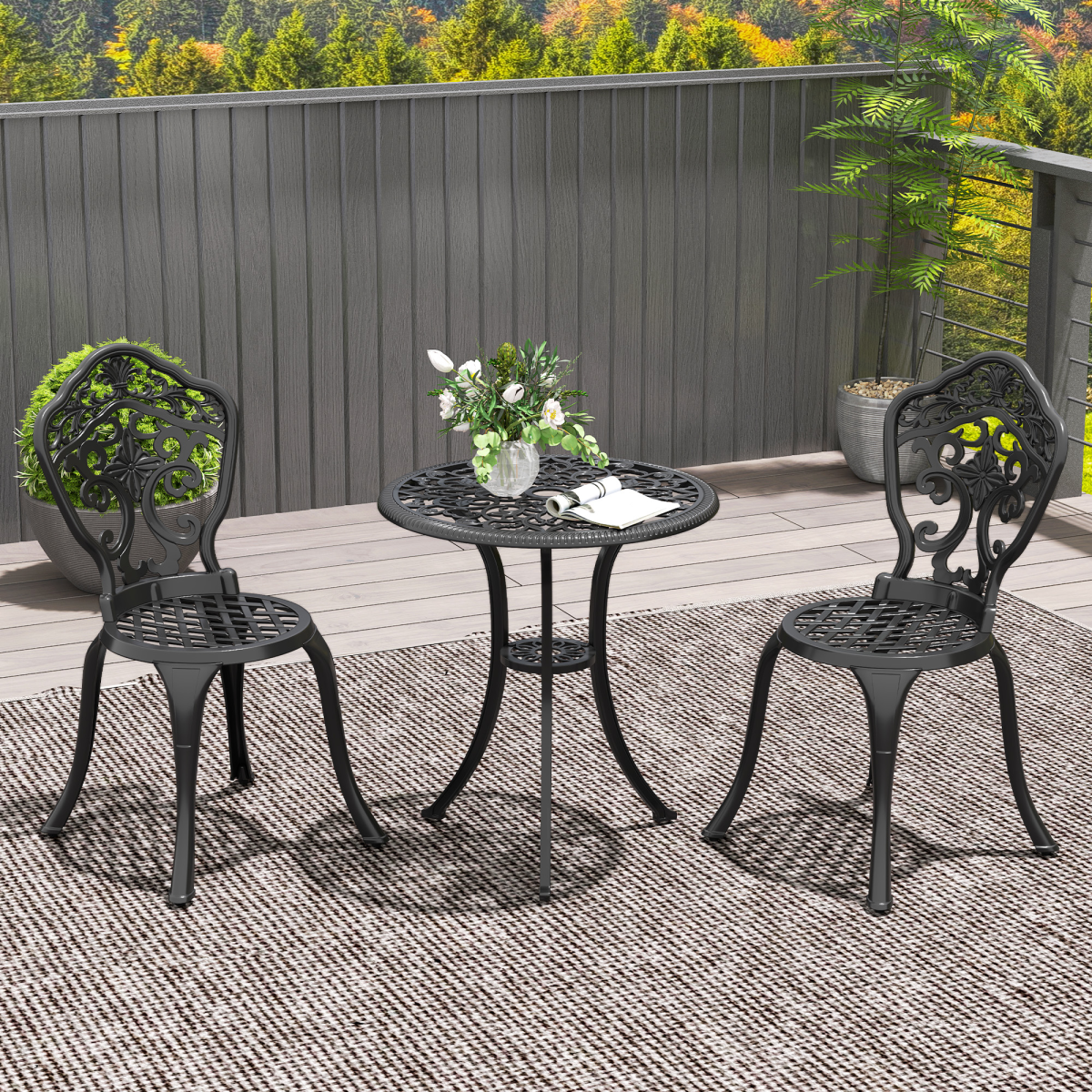 Outsunny 3 PCs Cast Aluminium Bistro Set w/ Parasol Hole for Balcony, Black
