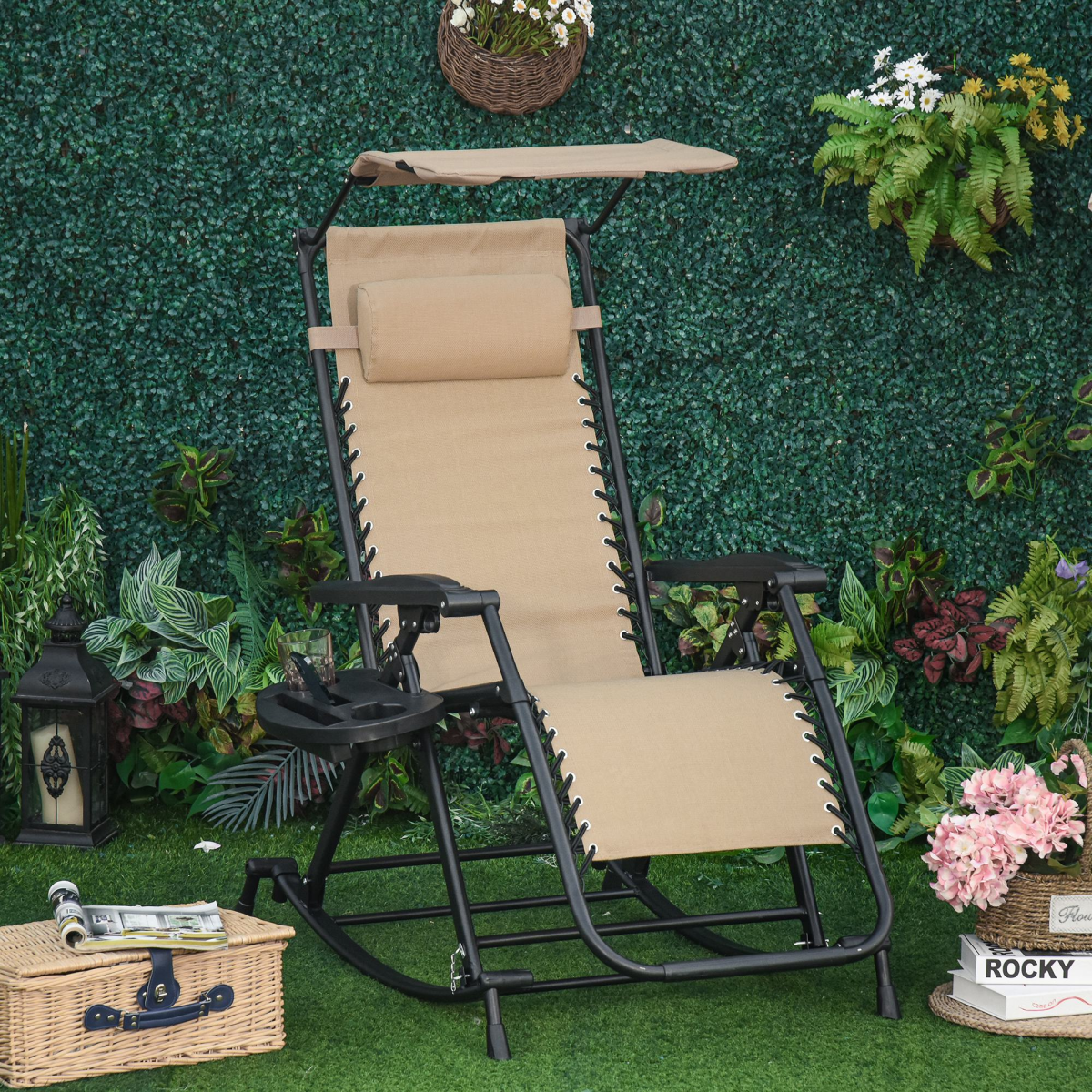 Folding Recliner Chair Outdoor Lounge Rocker Zero-Gravity Seat w/ Adjustable
