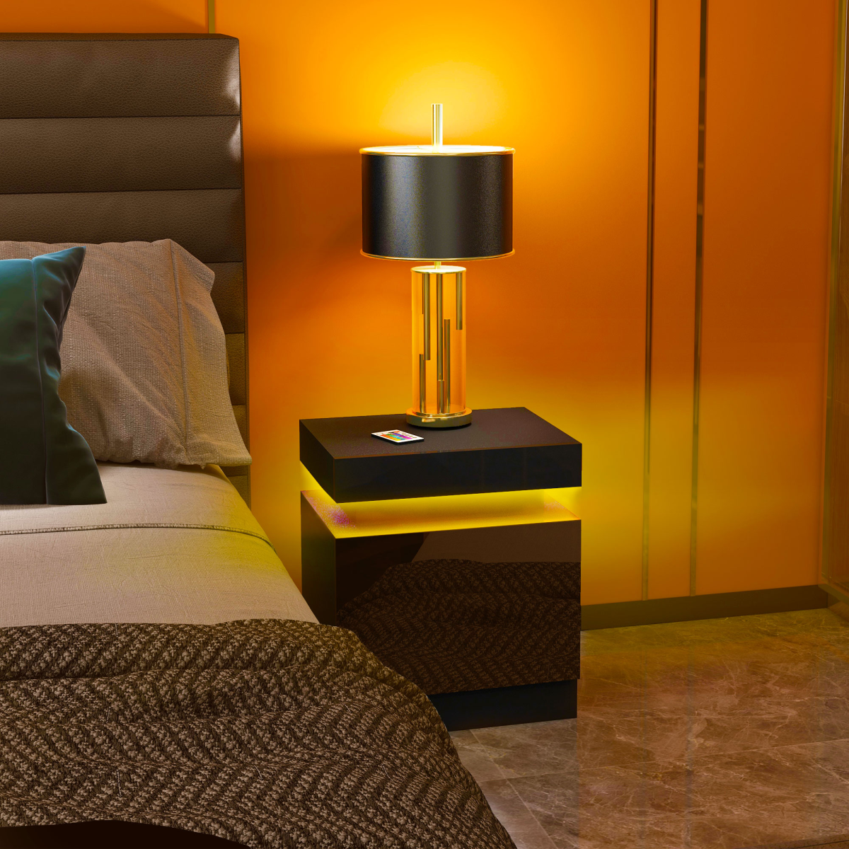 HOMCOM High Gloss Bedside Table with LED Light and 2 Drawers, Black