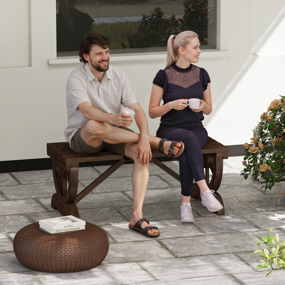Rustic Wooden Wheel Bench 2-Person Seat - Brown Chair Loveseat Park
