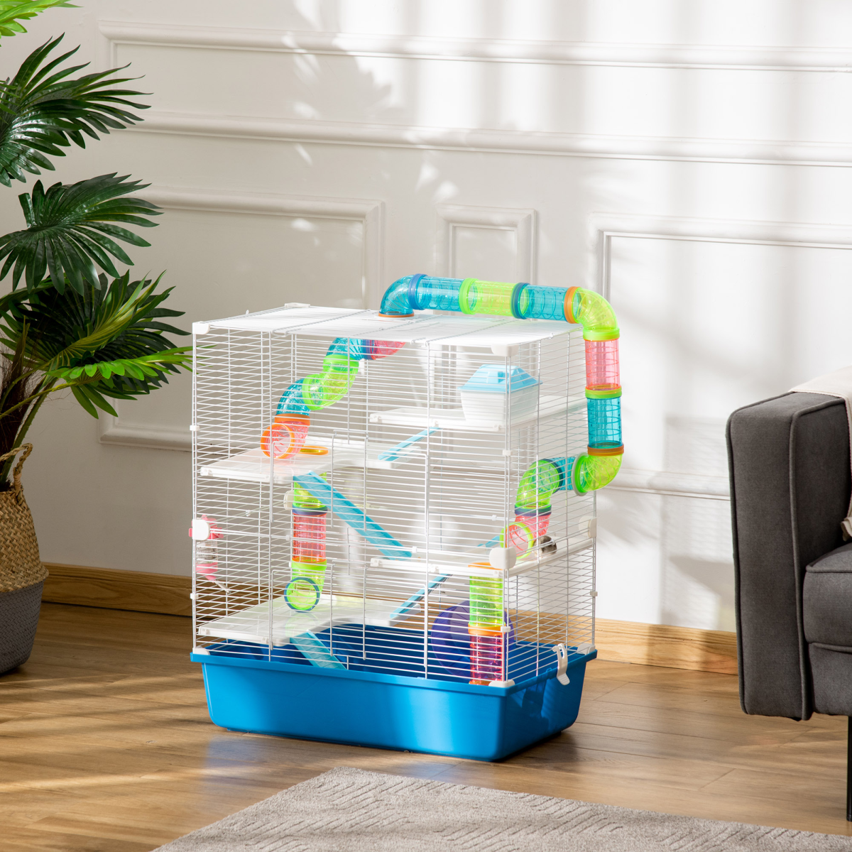 Five-Level Hamster Cage w/ Tubes, Water Bottle, Exercise Wheel, Ramps - Blue