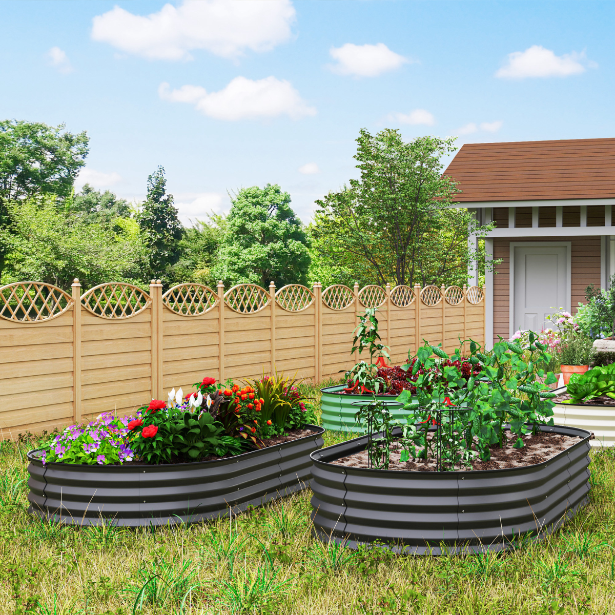 Outsunny Set of 2 Raised Beds for Garden with Metal Plant Stakes, Dark Grey