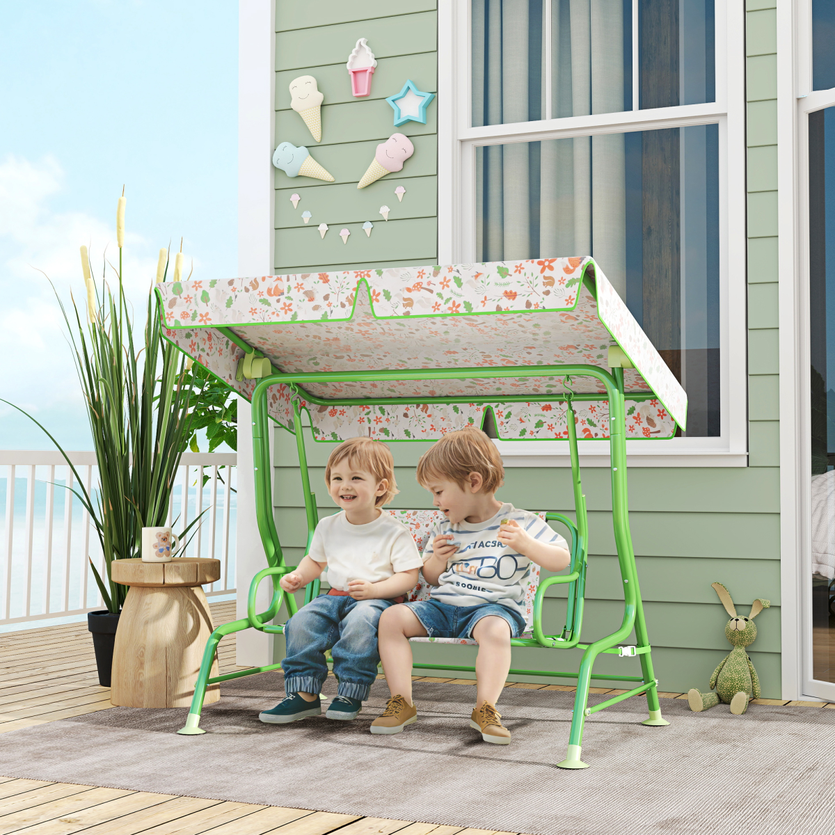 Kids Fox Pattern Swing Seat with Adjustable Canopy for Outdoor Fun