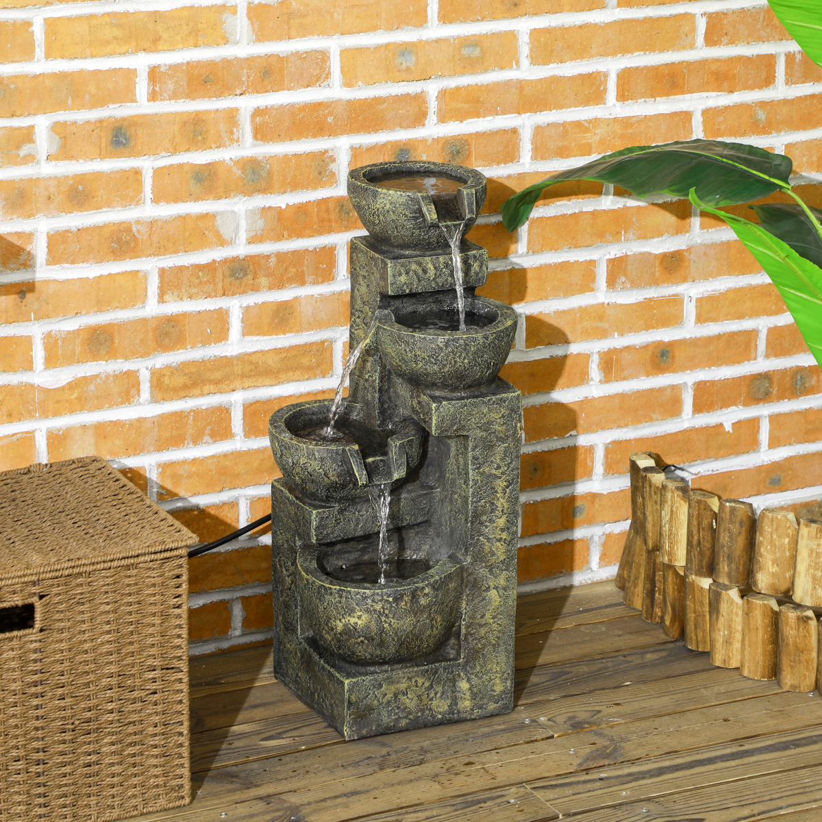 Outsunny Garden Water Feature with Adjustable Flow, 4-Tier Stone Look Bowls