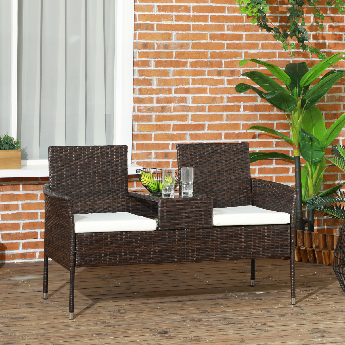 Outsunny 2 Seat Rattan Garden Bench with Padded Cushions, Brown/ Cream White