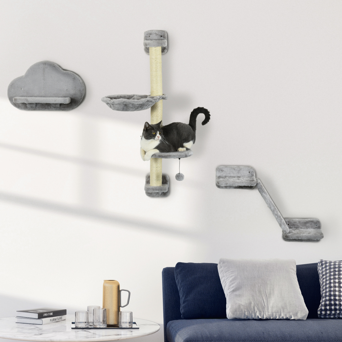 PawHut Cat Wall Furniture with Hammock Platforms Ladder Scratching Post - Grey