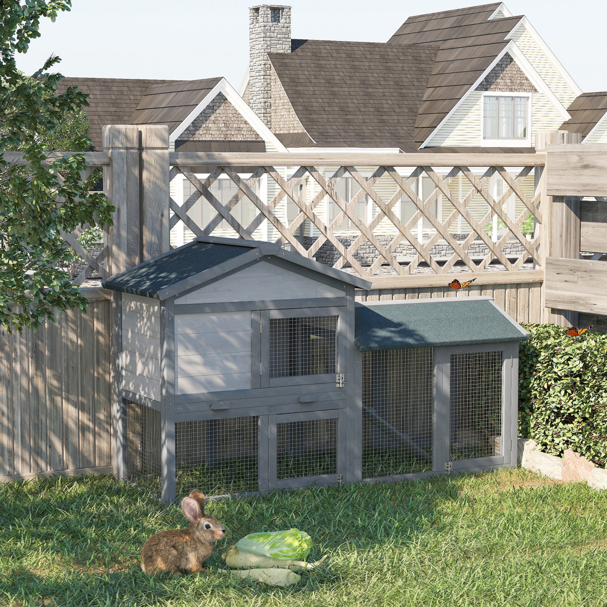 5ft Wooden Rabbit Guniea Pigs Hutch with Run 2 Tiers Outdoor Cage Pet House