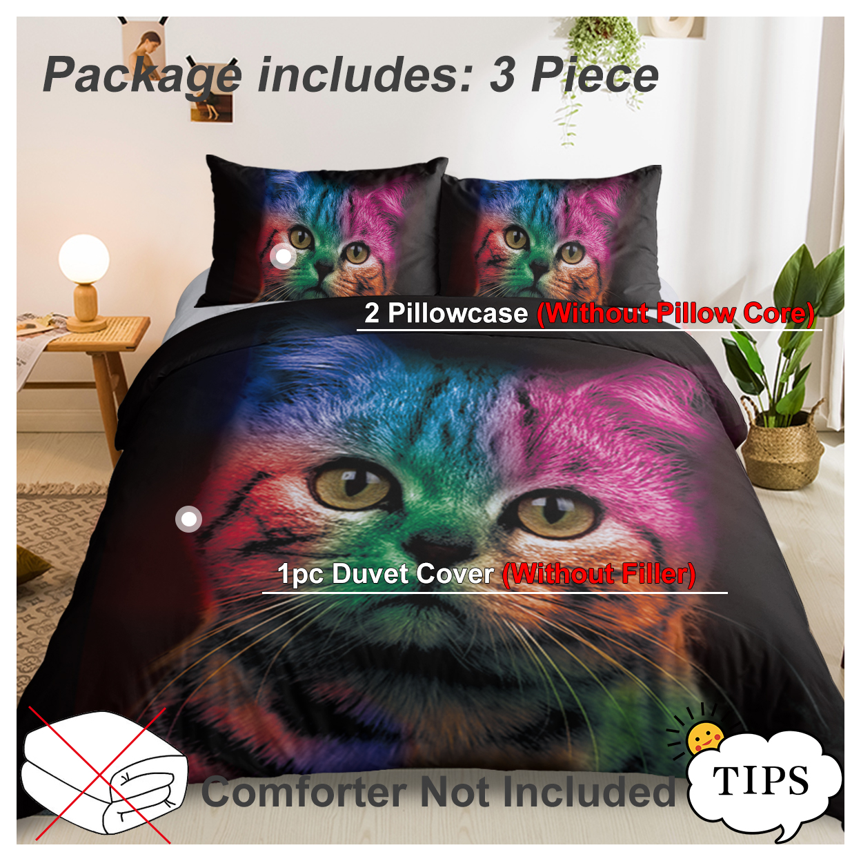 Cat Bedding for Kids Girls Boys Cute Colorful Cat Pattern Quilt Cover Bedspread 3 Piece Bold Color Black Animal Duvet Cover Set for Single Bed