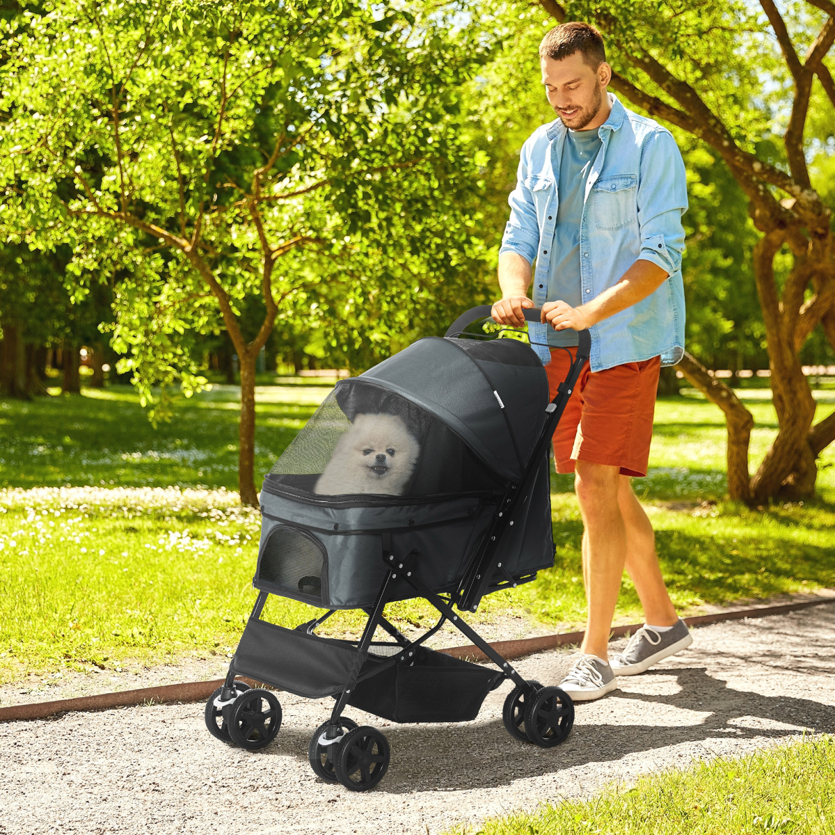 PawHut Pet Stroller Dog Foldable Travel Carriage with Reversible Handle, Grey