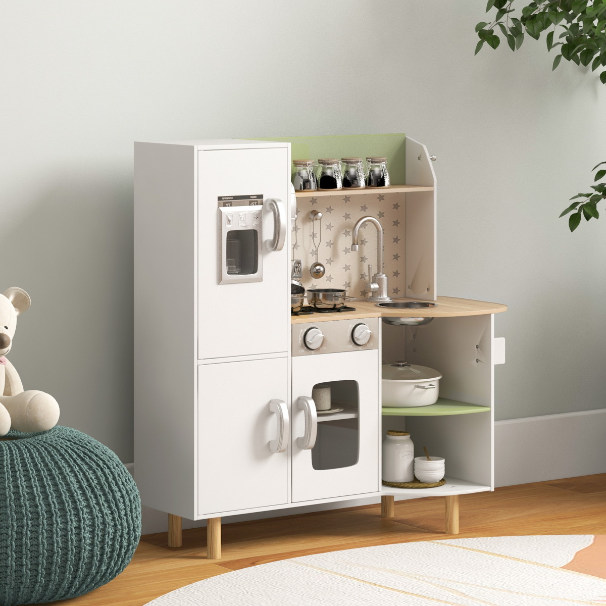 AIYAPLAY Toy Kitchen Playset with Phone, Ice Maker, Stove, Sink - White