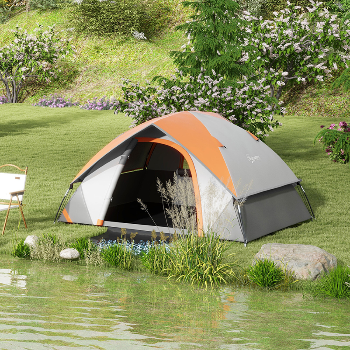 Outsunny Camping Tent, 2 Man Family Tent, Grey and Orange