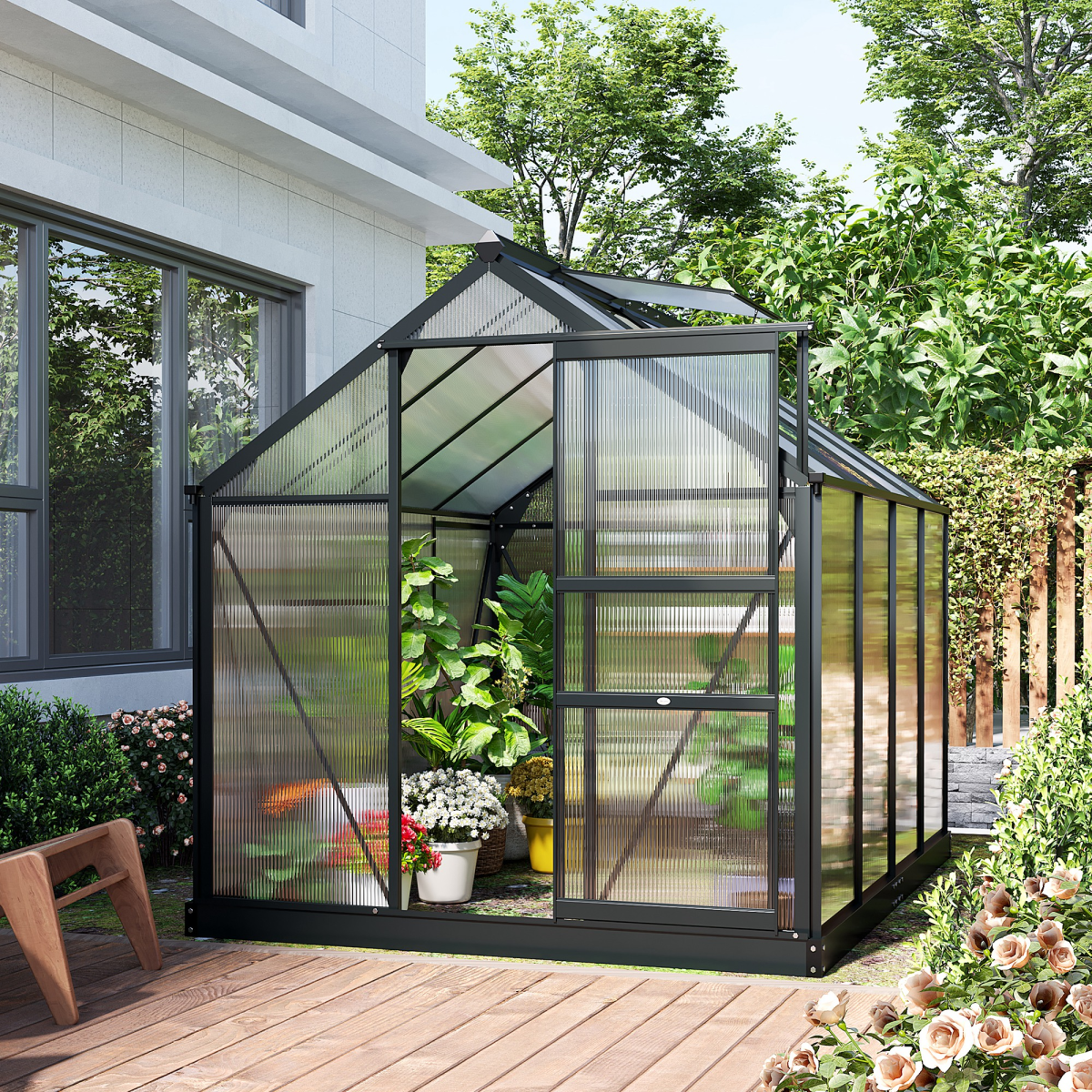 Polycarbonate Walk-In Garden Greenhouse Aluminium Frame w/ Slide Door 6 x 8ft