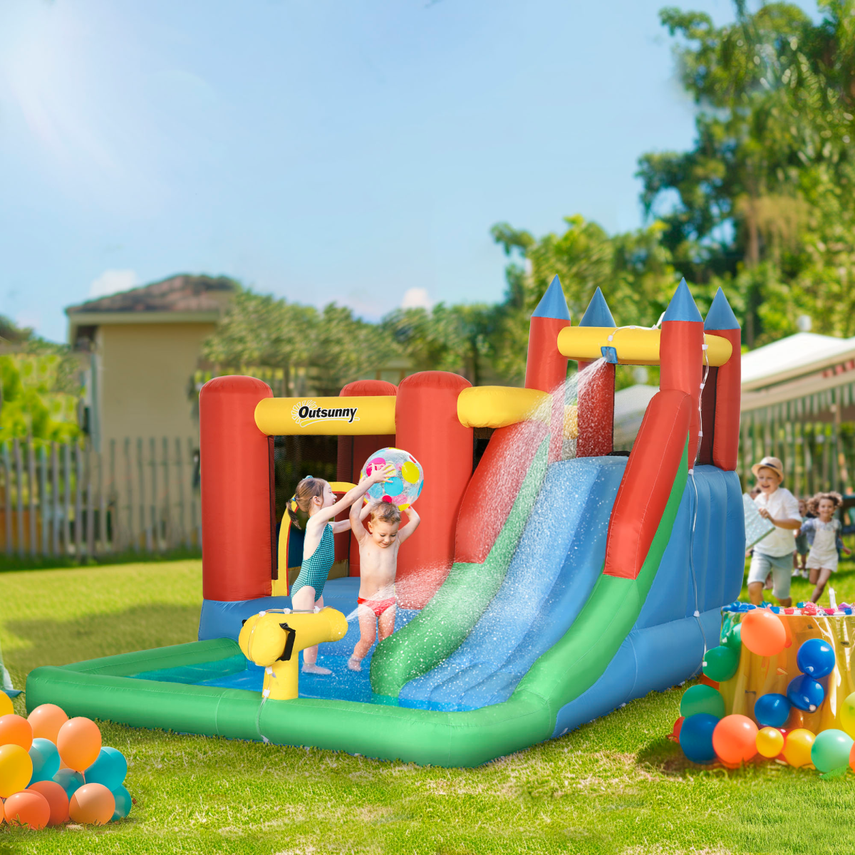 Kids Bouncy Castle w/ Slide Water Pool Climbing Wall & Trampoline