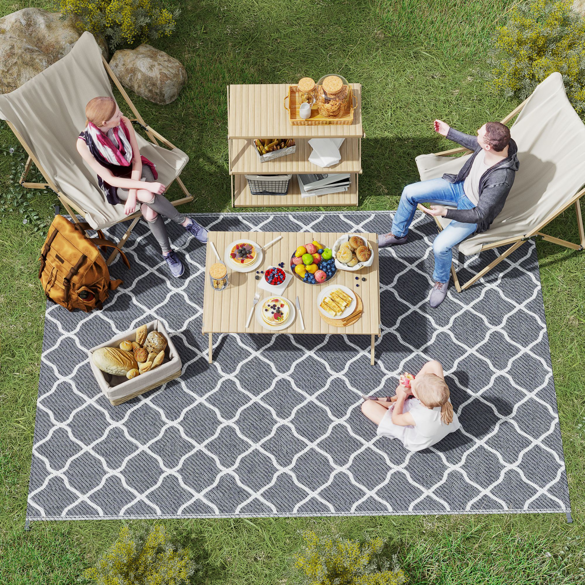 Reversible Outdoor Rug W/ Carry Bag for RV Camping Beach, 182 x 274 cm, Grey
