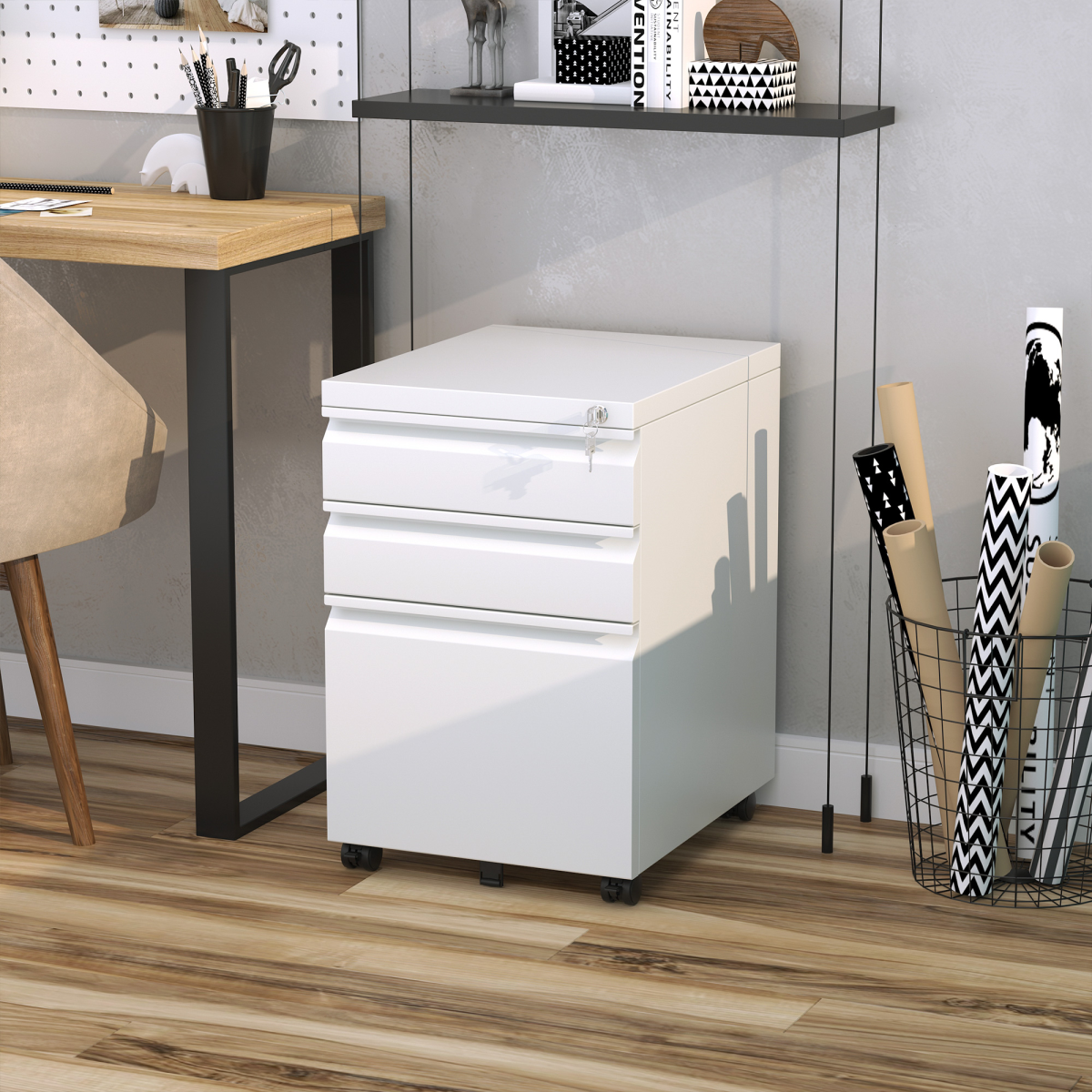 Mobile Vertical File Cabinet Lockable Metal Cabinet with 3 Drawers Vinsetto
