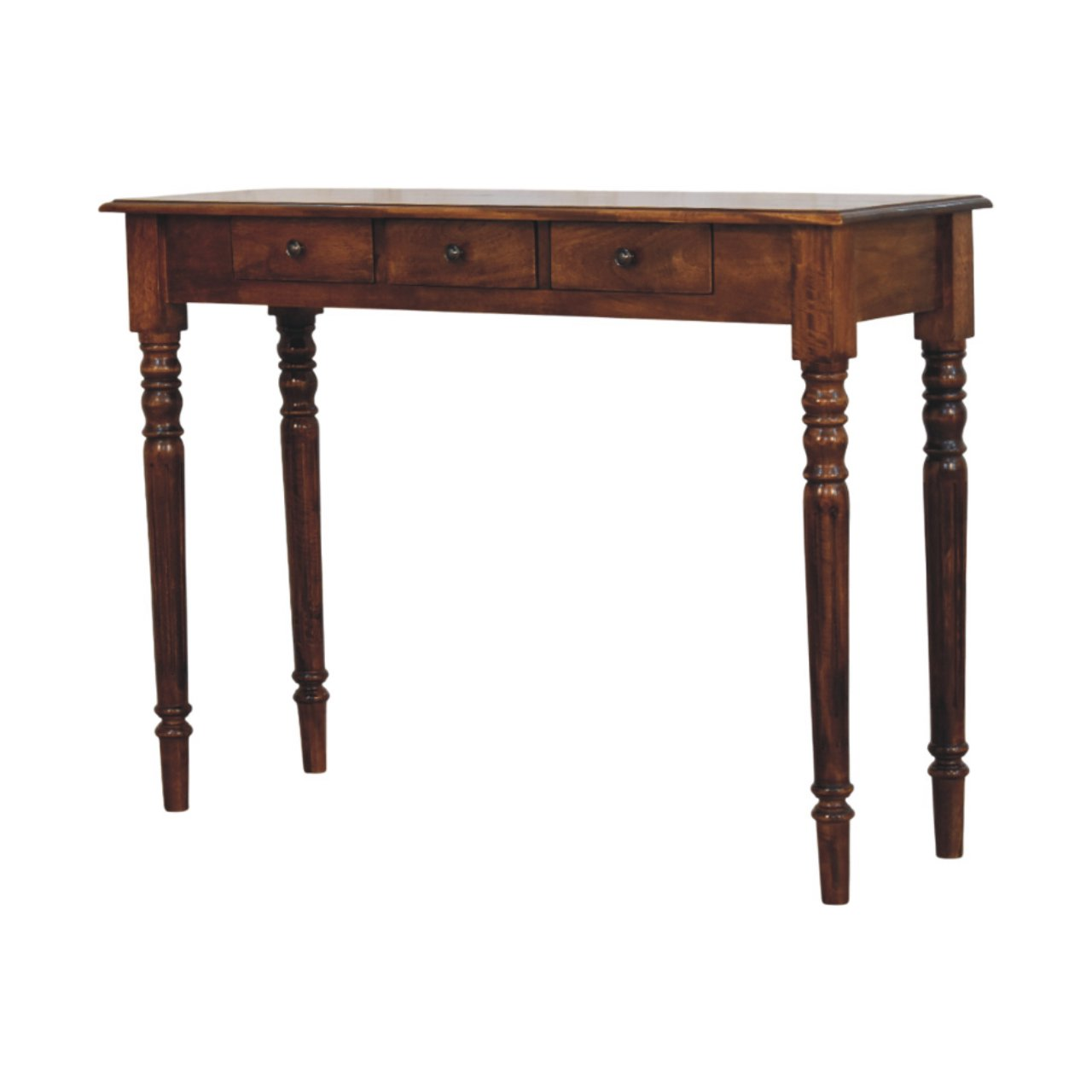 Artisan Furniture Solid Wood Turned Legs 3 Drawer Chestnut Console, Dark Brown