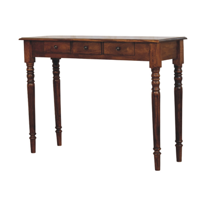 Artisan Furniture Solid Wood Turned Legs 3 Drawer Chestnut Console, Dark Brown