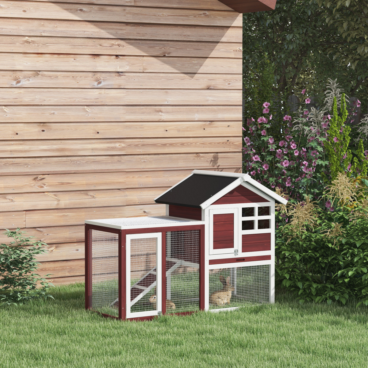 122cm Rabbit Hutch Cage Bunny House Wooden Habitat Pet Small Animal w/ Tray Ramp