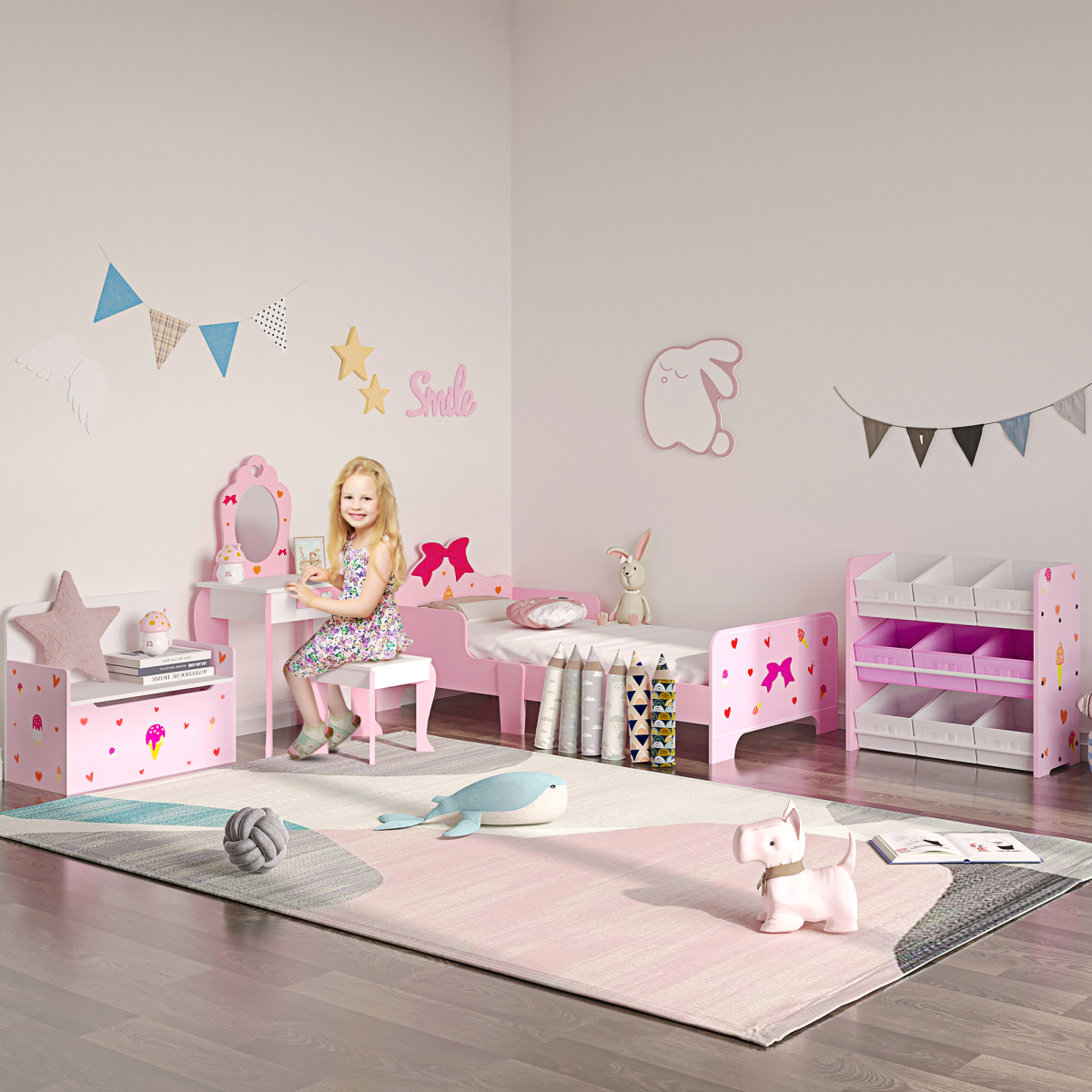 Princess-Themed Kids Toddler Bed w/ Cute Patterns, Safety Rails - Pink