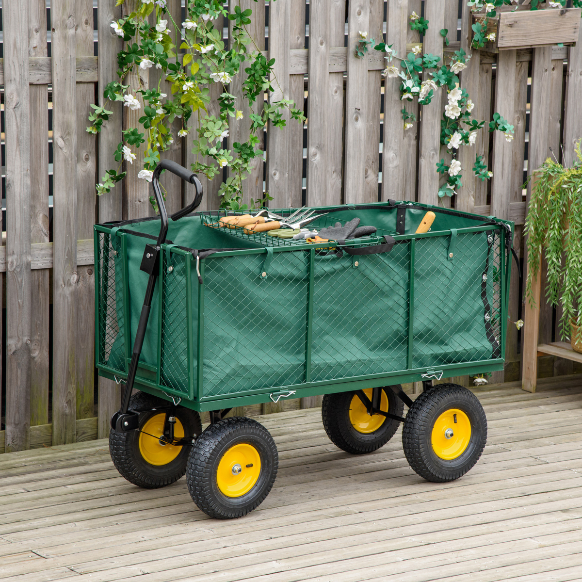 Large 4 Wheel Garden Cart Truck Trolley Wheelbarrow - Green Trailer