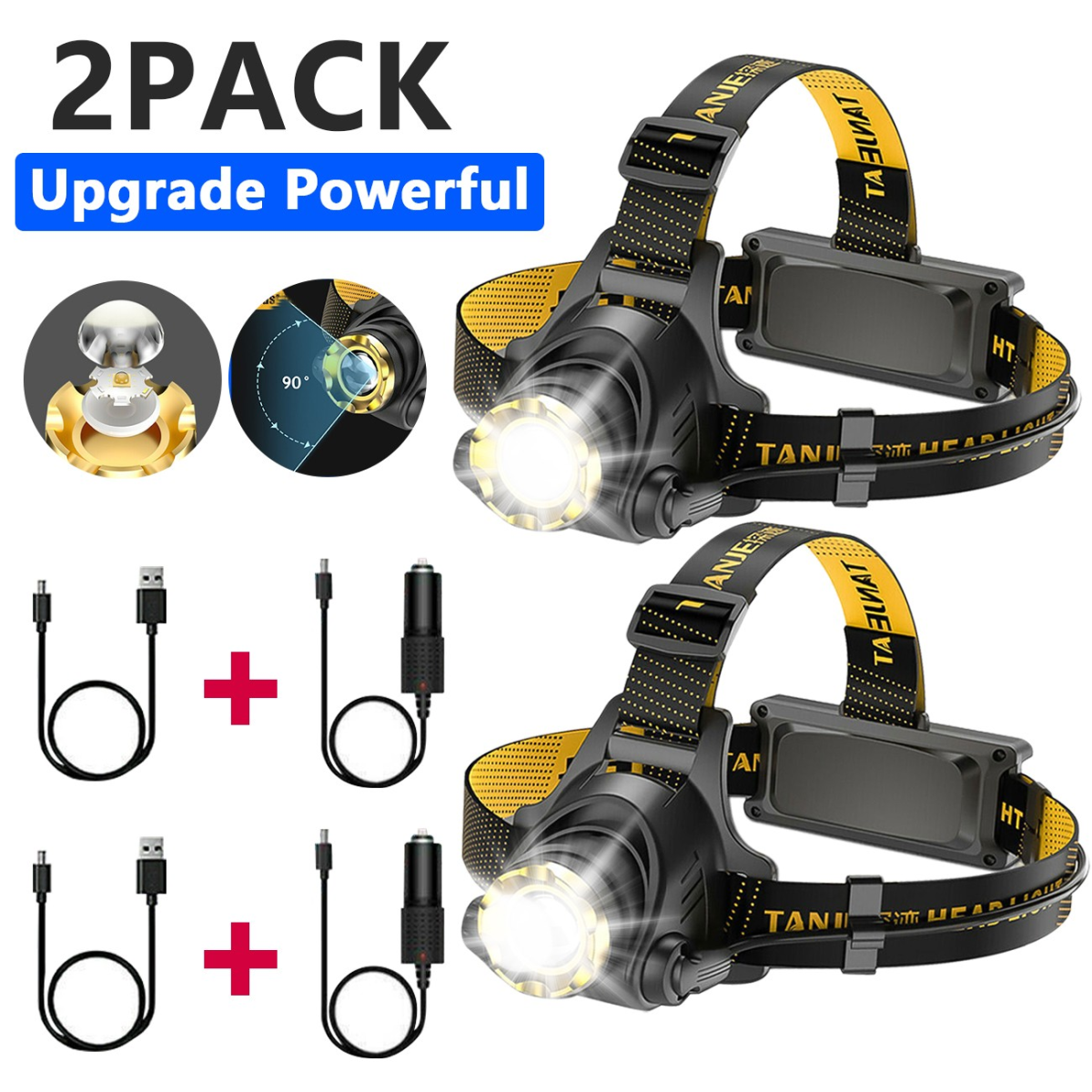 (2 Pack) USB Rechargeable LED Headlamp 3 Modes Head Torch Zoomable Headlight+Car Charger+USB Cable