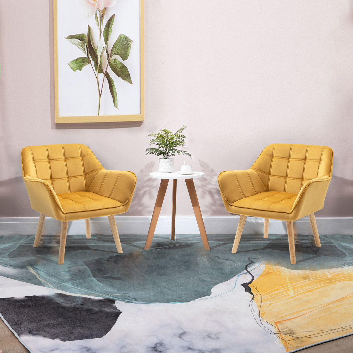 Luxe Velvet-Feel Accent Chair w/ Wide Arms Slanted Back Padding Wood Legs Yellow