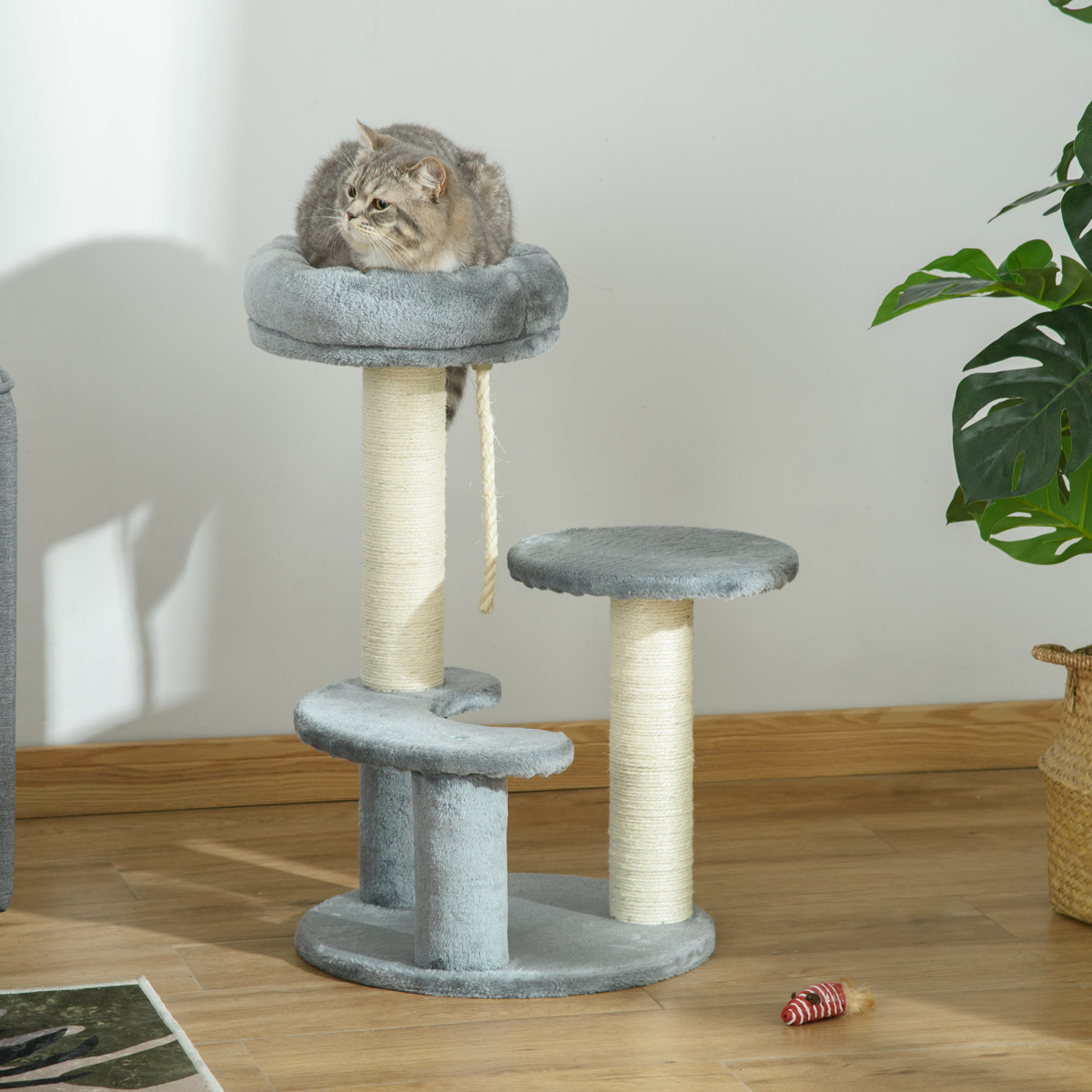 Cat Tree Scratcher Kitty Activity Play Center Post 2 Perch w/ Hanging Sisal Rope
