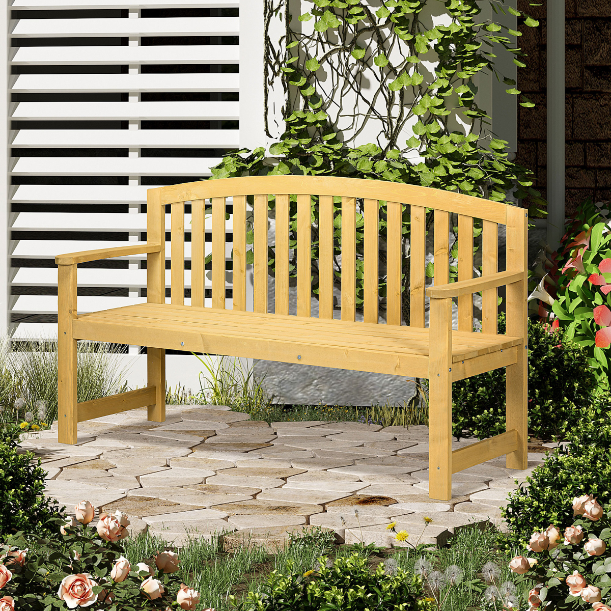 2 Person Garden Bench Wooden Outdoor Furniture with Armrest Orange