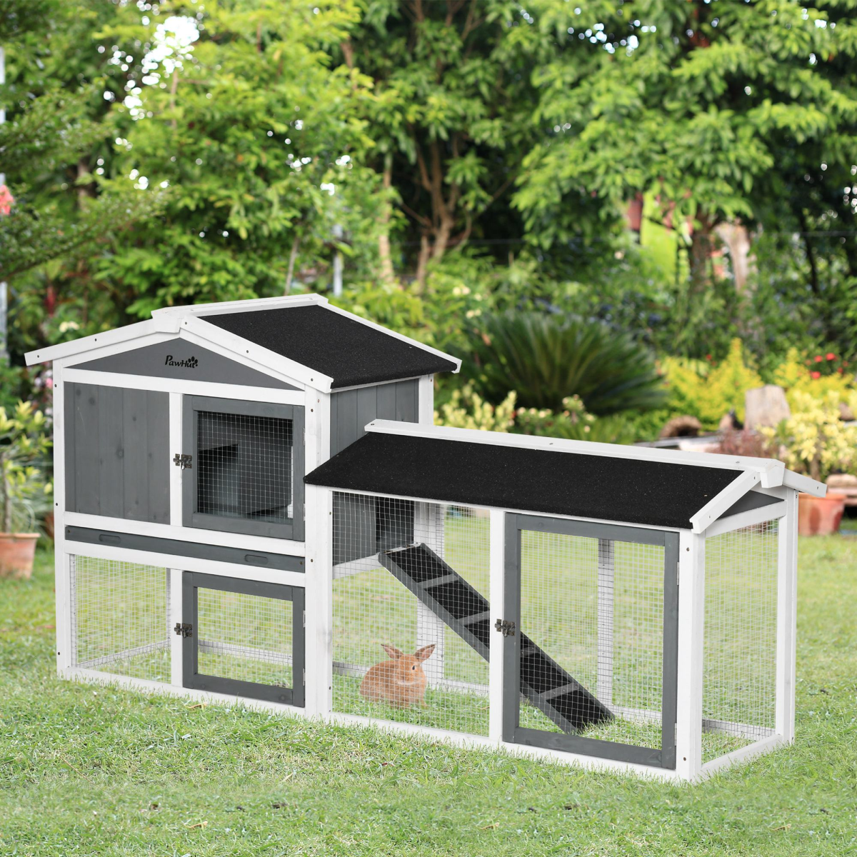 Two-Tier Wooden Rabbit Hutch Small Animal House w/ Run Box, Slide-Out Tray, Ramp